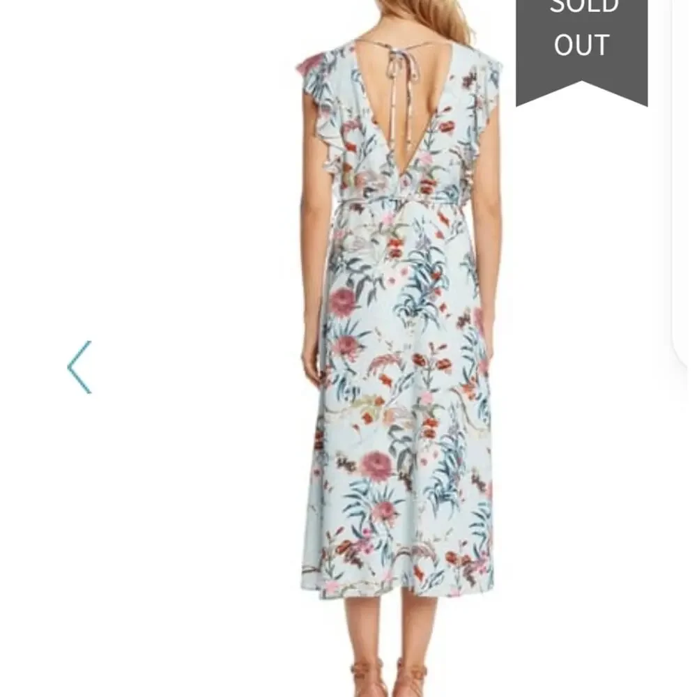 WILLOW & CLAY Blue Granny Floral Print Wrap Midi Dress Ruffle Sleeve Boho Chic